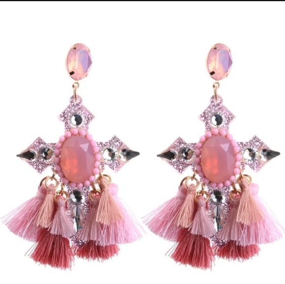 Fabulous Girly Pink Maltese Cross Tassel Earrings - Picture 1 of 1